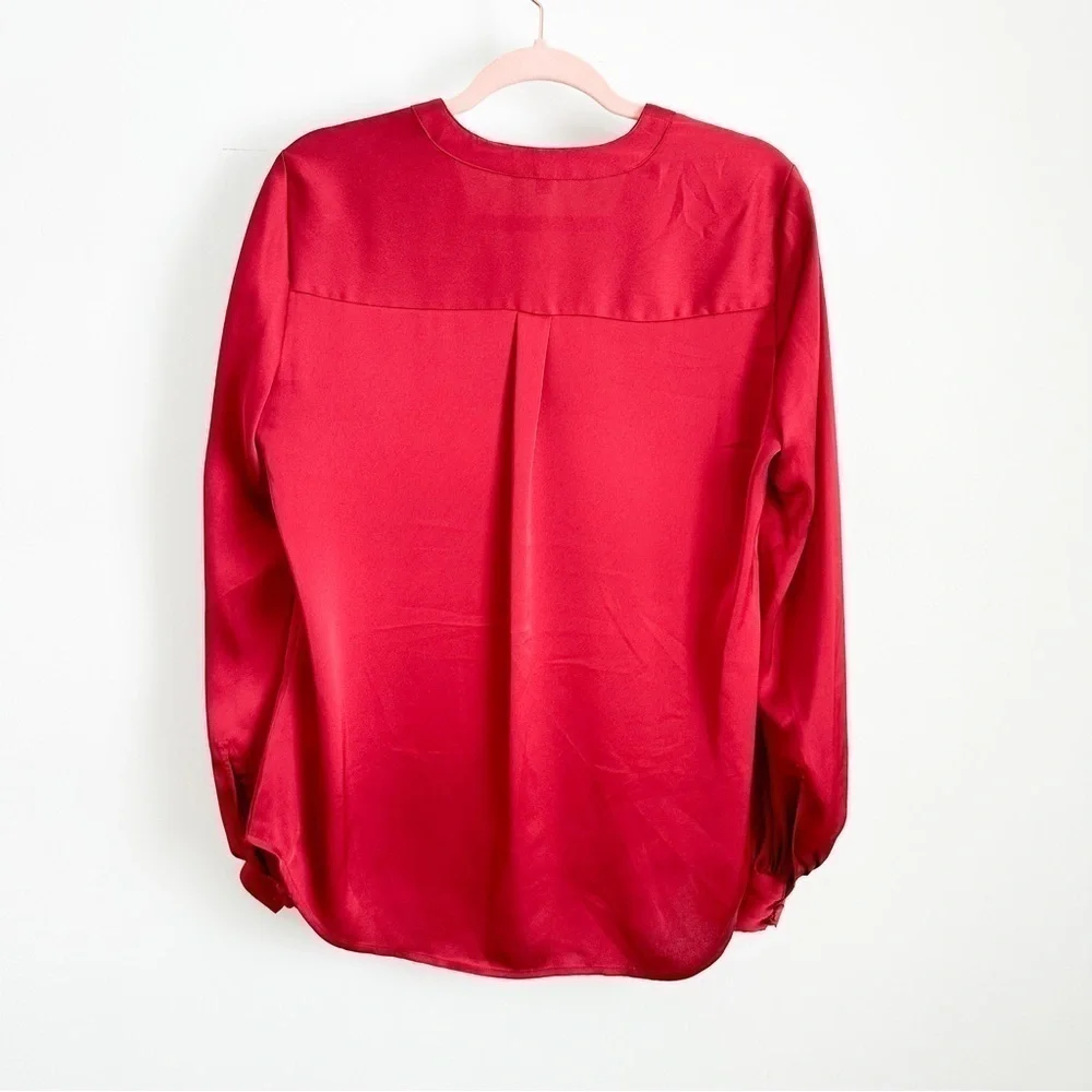 Express Satin Silky V neck Button Detail Balloon Sleeve Blouse Top Crimson Med